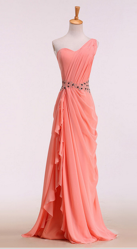 Coral One Shoulder Elegant Chiffon Formal Dress, Lovely Party Gowns 2019