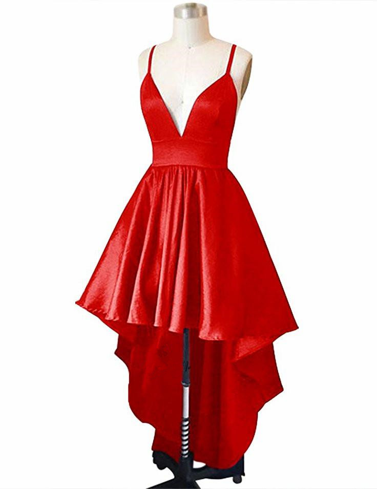 Red Satin High Low Straps Homecoming Dress 2018, Cute Short Prom Dresses