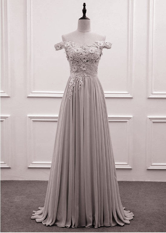 Light Grey Off Shoulder Bridesmaid Dresses, Long Formal Gowns, Pretty Party Dresses 2019