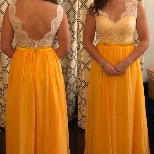Yellow Chiffon And Lace Long Party Dresses, Pretty Prom Dresses, Cute
