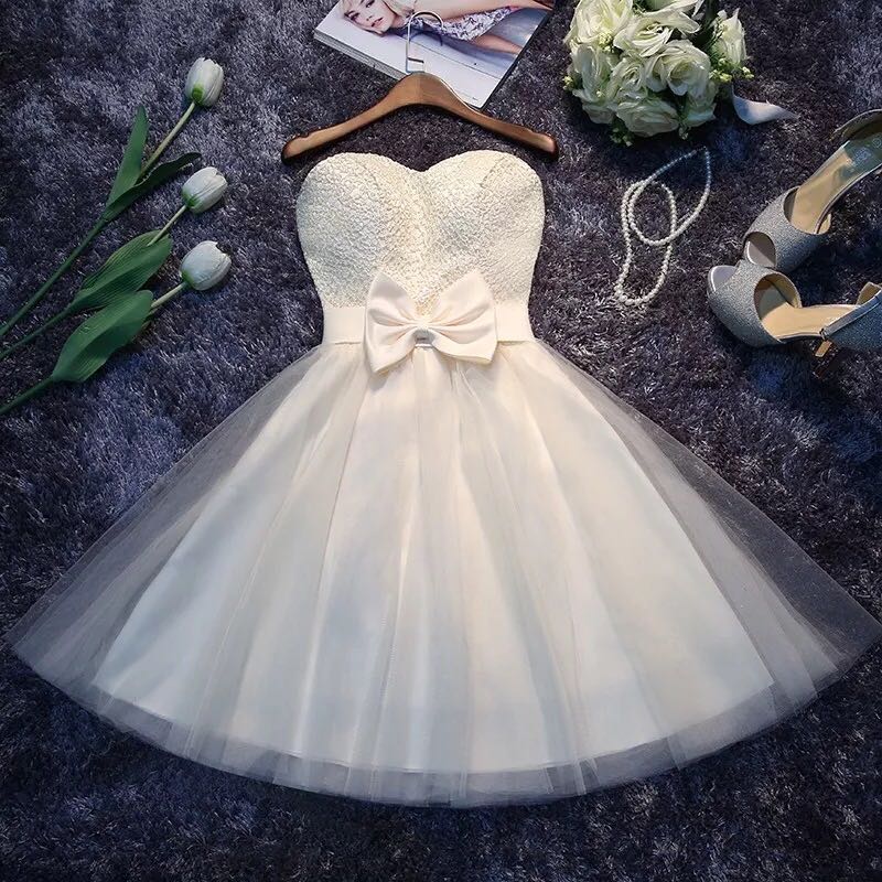 Ivory Cute Lace And Tulle Teen Formal Dresses, Short Prom Dress With Bow, Lovely Formal Dress