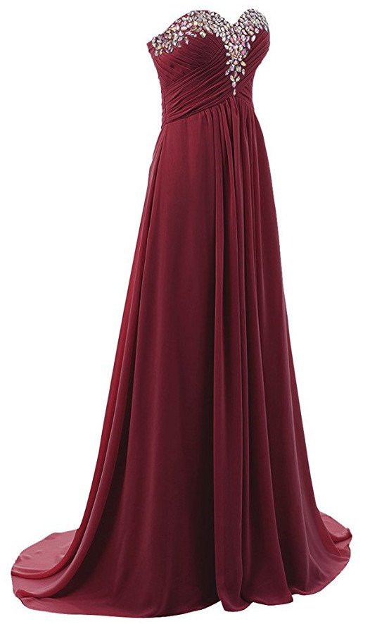 Wine Red Chiffon Sweetheart Beaded Floor Length Prom Dresses 2019, Beautiful Prom Dress 2019