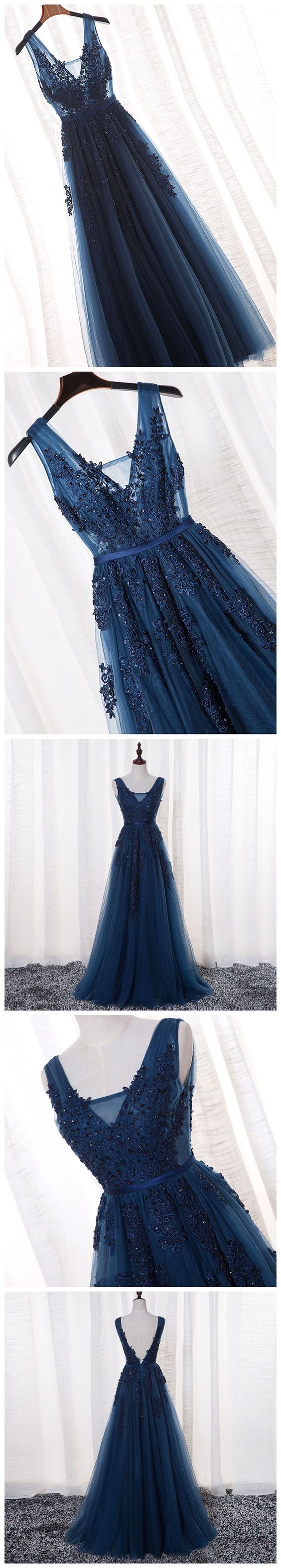 Navy Blue Prom Dresses 2019, V-neckline Lace Applique, Prom Dresses 2019