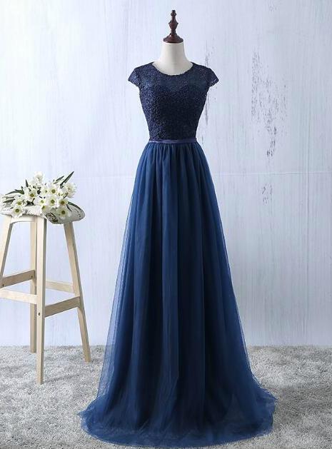 Lace And Tulle Navy Blue Long Prom Dresses, Elegant Bridesmaid Dresses, Party Dresses 2019