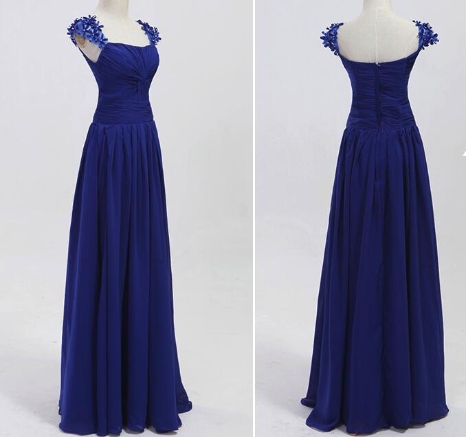 Blue Chiffon Cap Sleeves Long Bridesmaid Dresses, Beautiful Party Dress, Chiffon Formal Dresses 2019