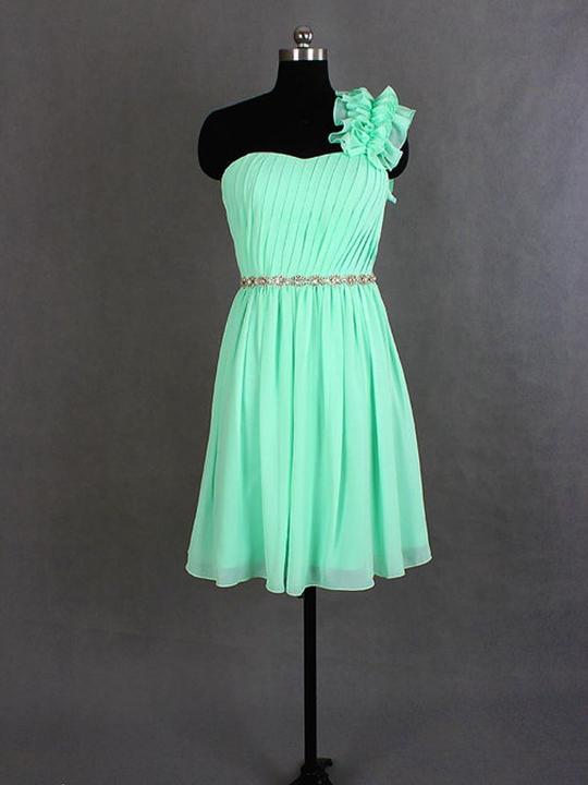 One Shoulder Mint Green Bridesmaid Dresses, Short Bridesmaid Dresses, Party Dress 2019