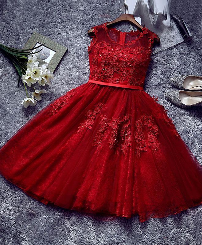Pretty Red Homecoming Dresses, Tulle And Applique Knee Length Formal Dress, Cute Party Dress