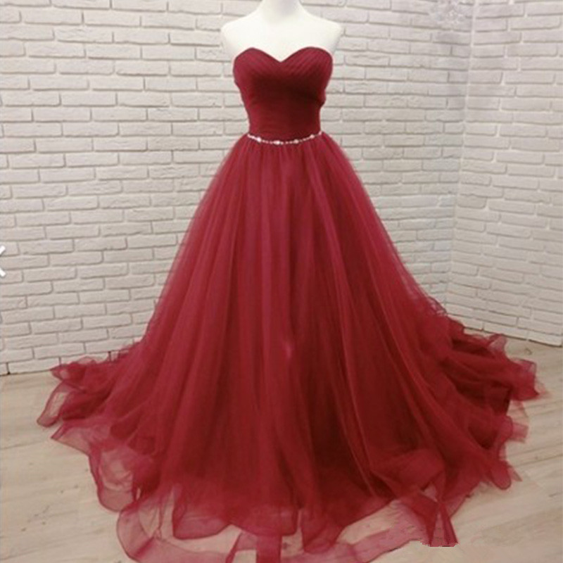 Wine Red Sweetheart Beaded Tulle Prom Dress, Prom Gowns 2019, Party Dress