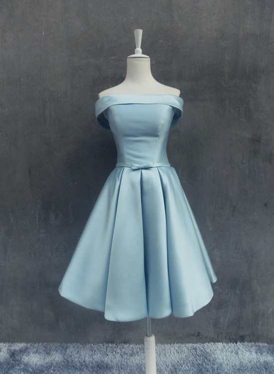Light Blue Satin Knee Length Homecoming Dress, Lovely Formal Dress, Blue Party Dress