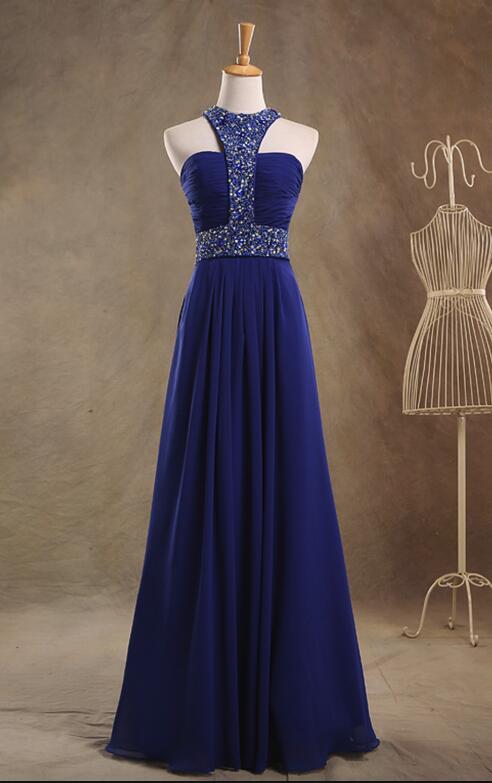 Royal Blue Sequins and Beaded Long Formal Gown, Blue Chiffon Junior Prom Dress