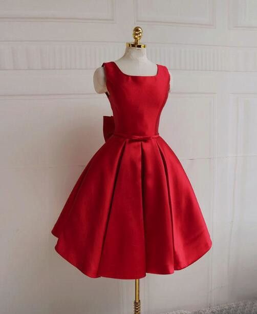 Red Satin Short Backless Prom Dress, Red Homecoming Dresses