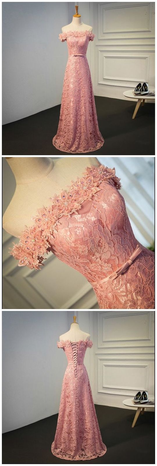Lovely Pink Lace Off Shoulder Long Prom Dress 2019, Lace Wedding Party Dresses