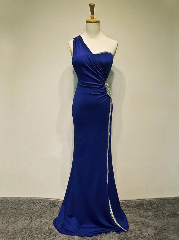 Beautiful Blue Evening Party Dress, Long One Shoulder Formal Gown, Formal Dress 2019
