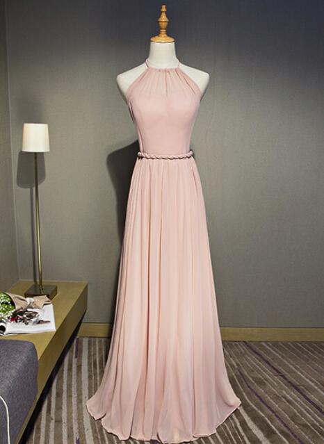 Pink Chiffon Simple Wedding Party Dress, Pink Long Haler Bridesmaid Dress