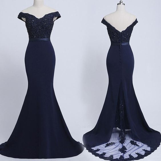 Navy Blue Mermaid Spandex Off Shoulder With Lace Bridesmaid Dress, Beautiful Blue Party Dress