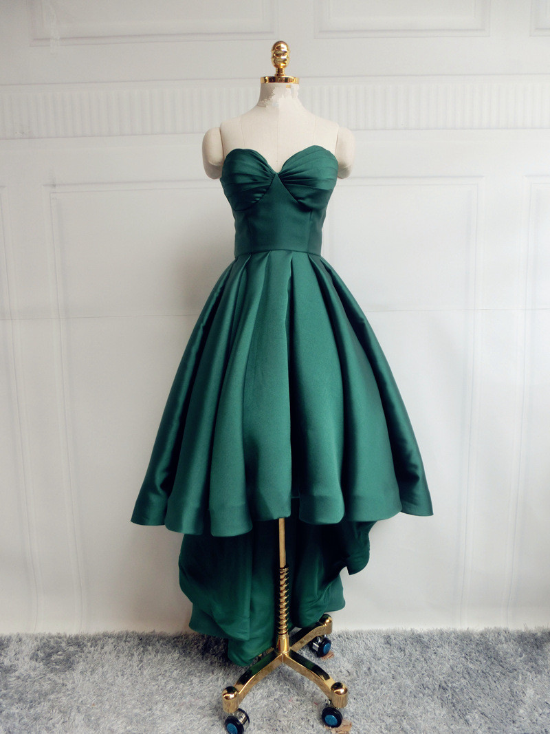 Green Satin High Low Chic Party Dress, Sweetheart Lovely Formal Dress