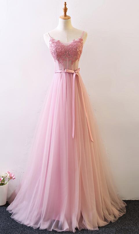 Pink Straps Tulle A-line Lace Applique Wedding Party Dress, Style Prom Dress 2019