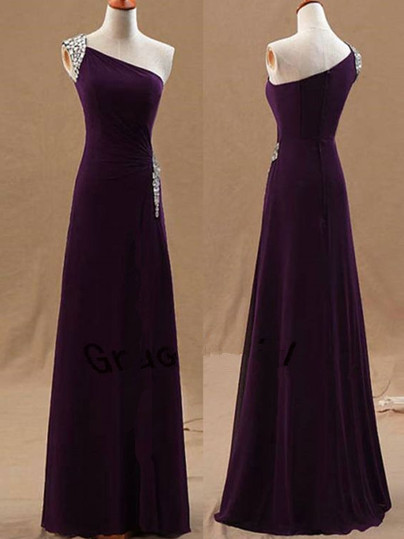 One Shoulder Dark Purple Chiffon Beaded Long Formal Dress, Prom Dress 2019, Party Gowns