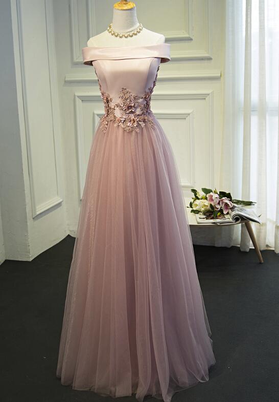 Pink Tulle A-line Bridesmaid Dresses, Off Shoulder Long Formal Gown