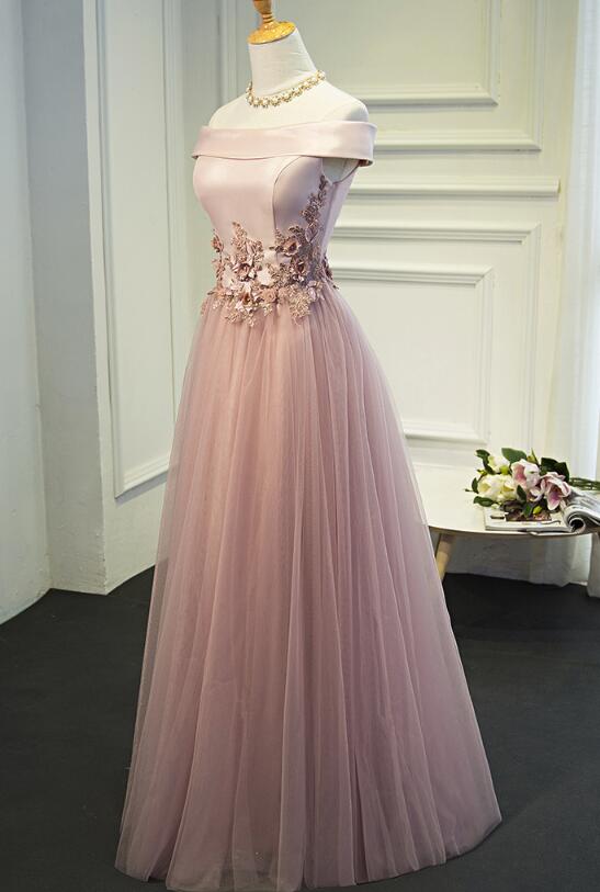 Pink Tulle A-line Bridesmaid Dresses, Off Shoulder Long Formal Gown on ...