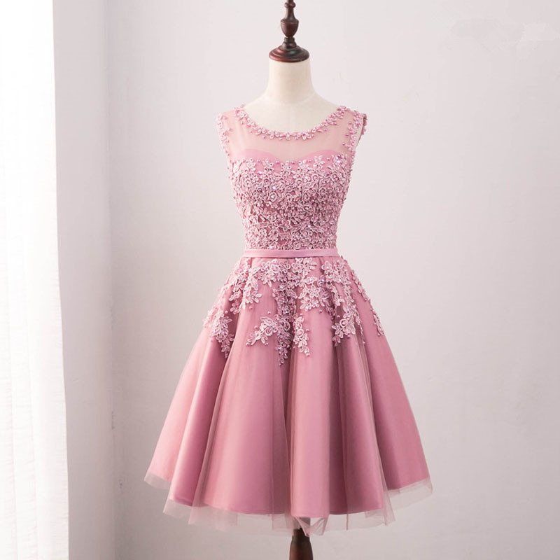 Pink Round Neckline Tulle Beaded Lace Applique Homecoming Dress, Pink Party Dress 2019, Pink Formal Dress