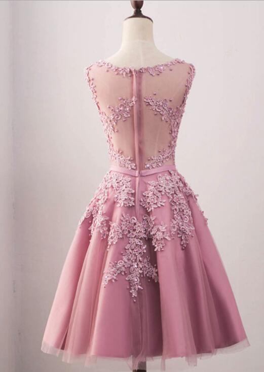 Pink Round Neckline Tulle Beaded Lace Applique Homecoming Dress, Pink ...