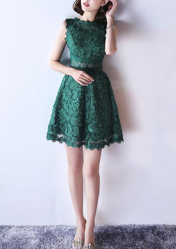 Green Lace See Through Back Short Round Neckline Party Dress, Lovely Lace Party Dress