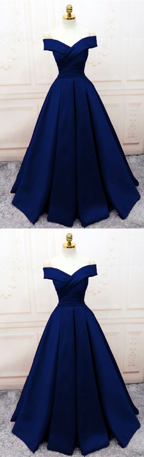 Navy Blue Satin Off Shoulder Elegant Formal Gown, Satin Party Dress 2019