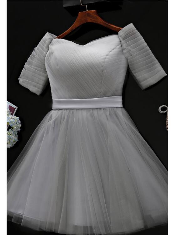 Grey Short Sleeves Bridesmaid Dresses, Lovely Tulle Formal Dress