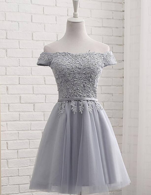 Grey Lace Applique Cute Homecoming Dress, Grey Party Dress 2019