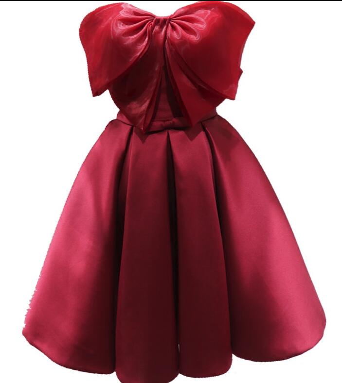 Red Satin And Organza Bow Short Cute Party Dress, Handmade Formal Dress 2019