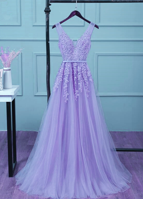 Light Purple Tulle V-neckline Applique And Beaded Junior Prom Dress 2019, Charming Formal Gown 2019, Party Dress