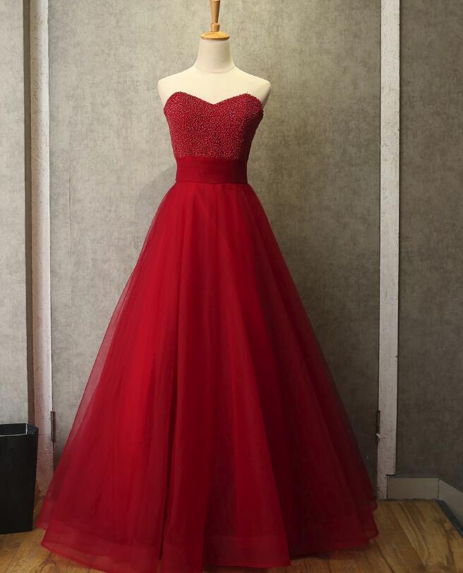 Red Tulle And Beaded Long Prom Gown, Handmade Formal Dress 2019
