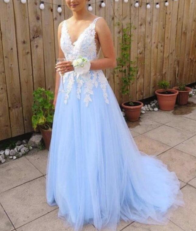 Light Blue Tulle And Applique Backless Party Dress, Charming Formal Dress 2019, Party Gowns