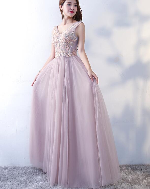 Beautiful Pink V-neckline Tulle And Lace Applique Party Dress, Prom Dress 2019, Formal Dress