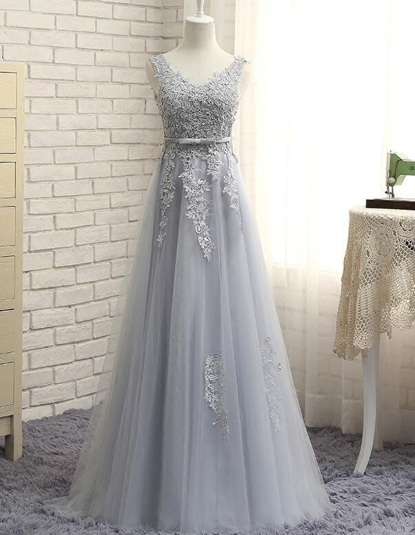 Pink V-neckline Party Dress 2019, Grey Wedding Party Dresses 2019