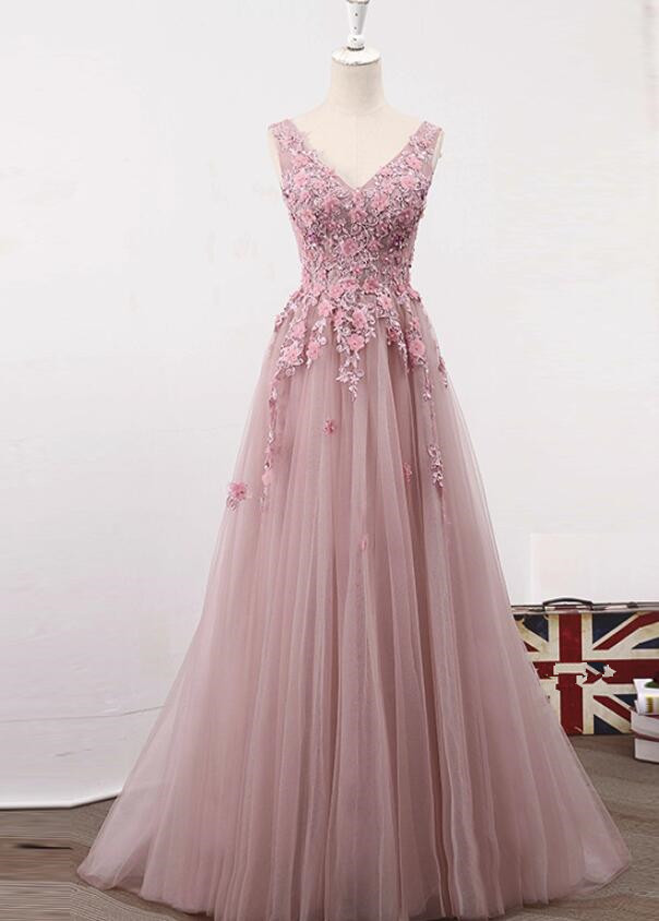 Dark Pink V-neckline Tulle Applique Party Dress 2019, Floor Length Formal Gown