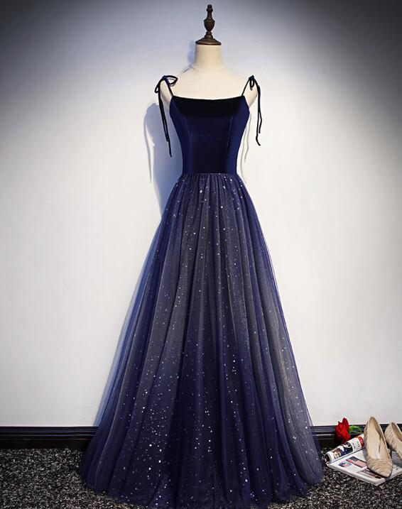 Navy Blue Velvet And Tulle Straps Party Dress 2019, Charming Formal Gown