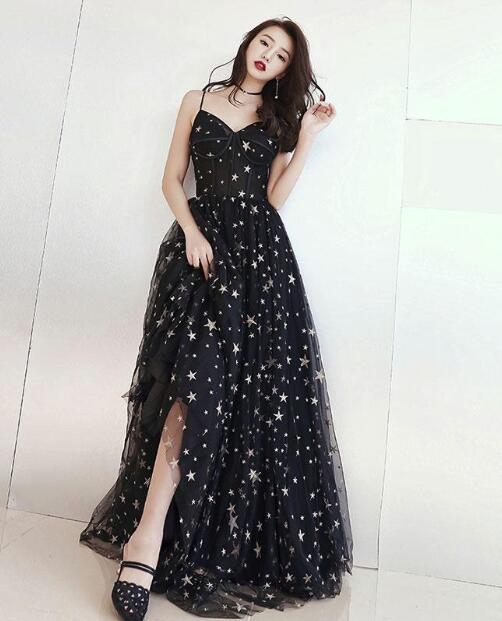 Black Tull Straps Stars Long Elegant Party Dress, Charming Prom Dresses 2019