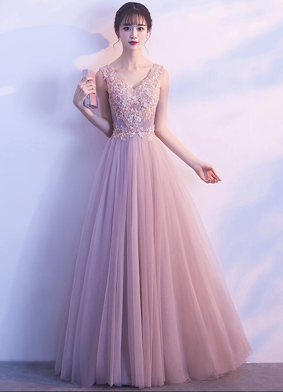 Charming V-neckline Formal Gown, Prom Dresses 2019, Lace Applique Party Dresses
