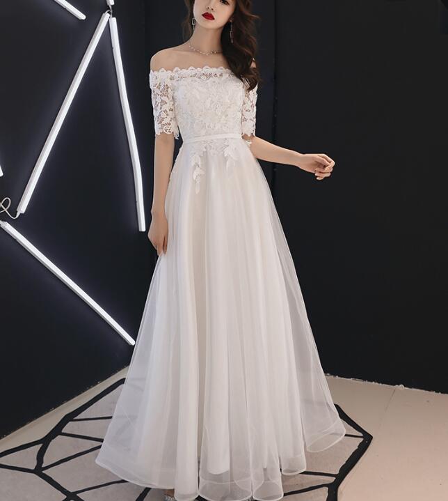 White Off Shoulder Lace Top Long Graduation Party Dress, Beautiful Formal Dresses 2019