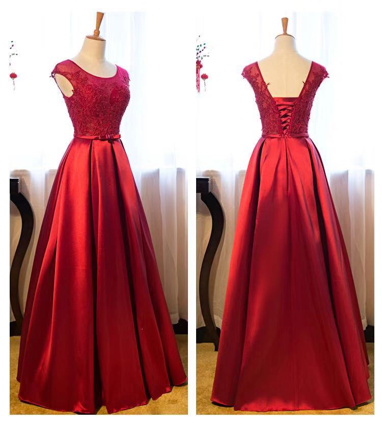 Red Satin And Lace Long Formal Gown, Elegant Red Prom Dresses 2019, Party Dresses