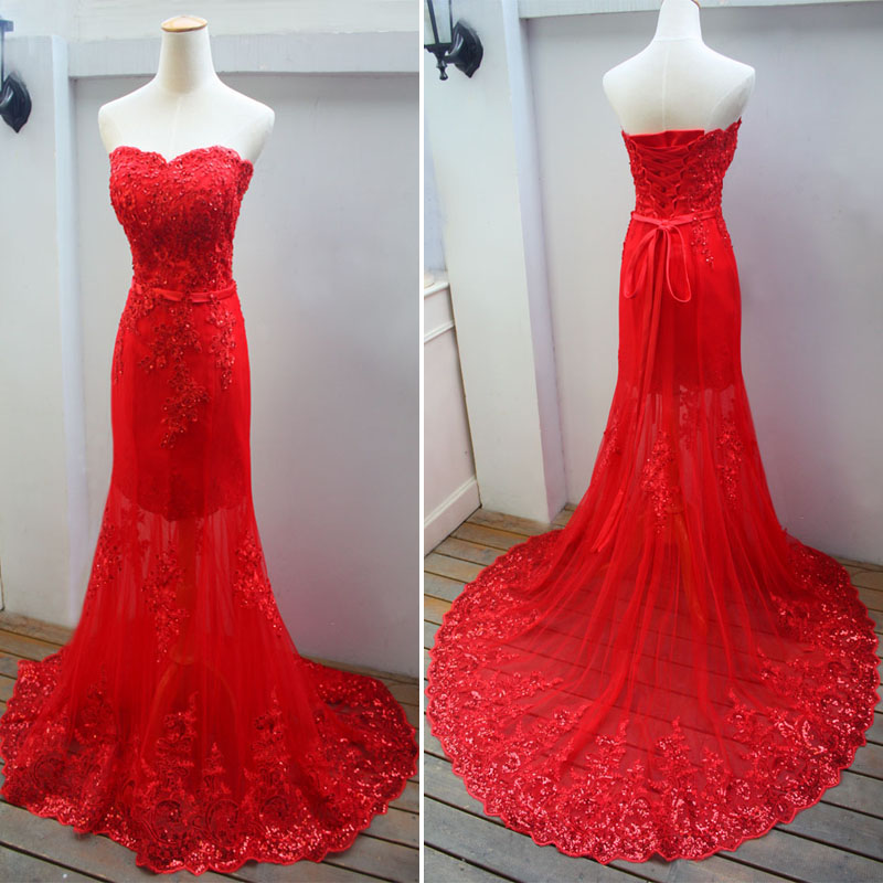 Beautiful Red Lace Sweetheart Mermaid Wedding Party Dress, Beautiful Red Formal Gown 2019