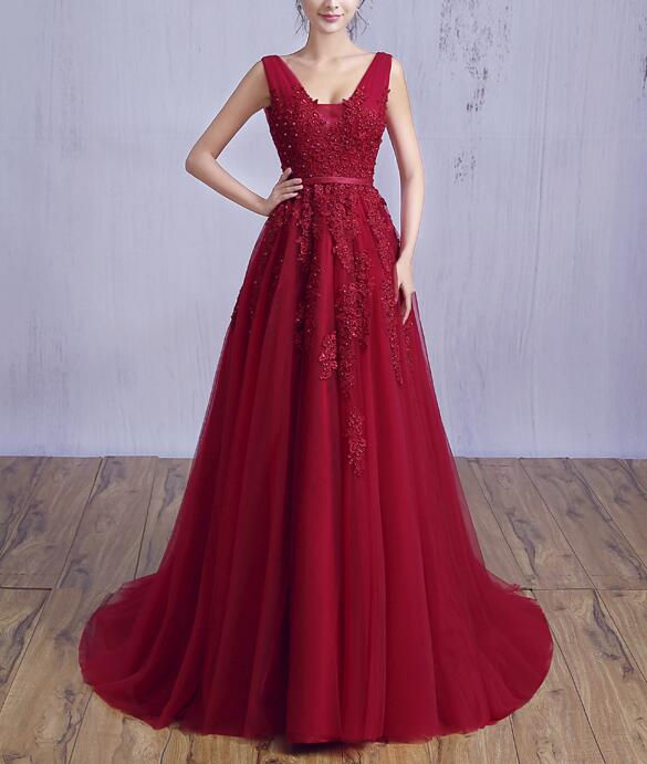 Beautiful Wine Red Prom Gown 2019, V Backless Long Formal Dresses