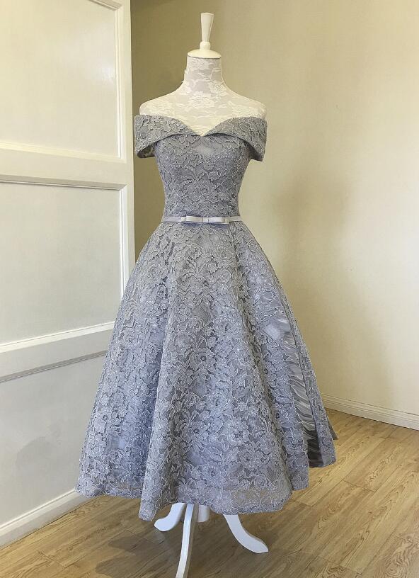 Grey Lace Tea Length Vintage Style Wedding Party Dress, Grey Homecoming Dresses