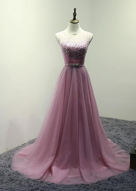 Pink Sweet Beaded Tulle Long Formal Dress 2019, Lovely Teen Party Dresses