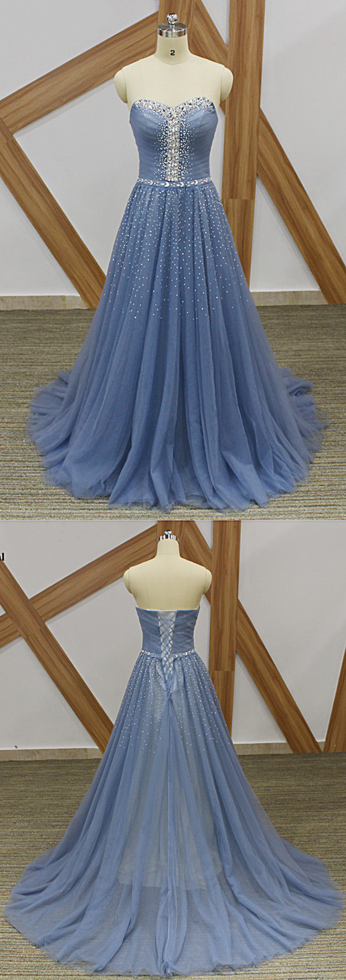 Beautiful Blue Tulle Beaded Sweetheart Long Formal Gown, Blue Evening Dresses 2019