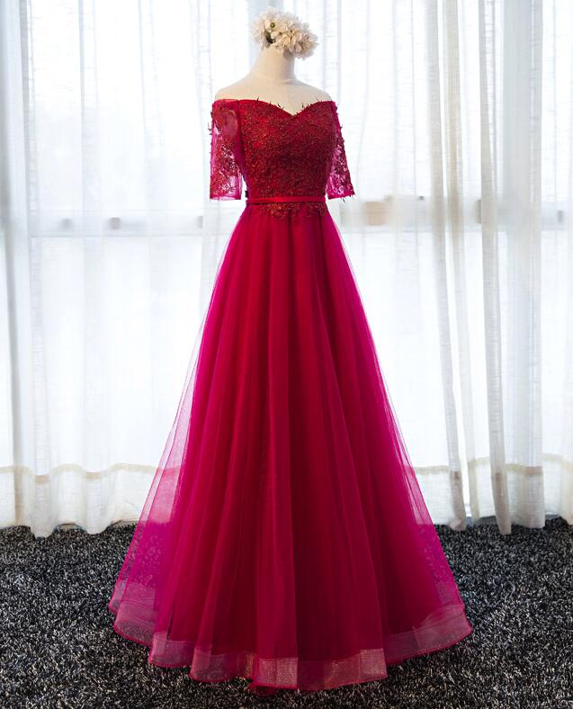 Dark Red Short Sleeves Tulle And Lace Applique Long Formal Dress 2019, Beautiful Prom Dresses 2019