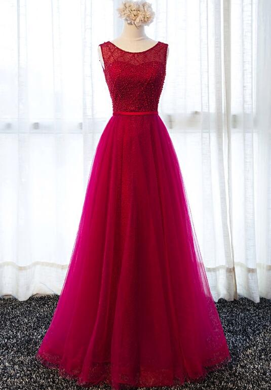 Beautiful Beaded And Lace Long Round Neckline Evening Party Dress, Beautiful Formal Dresses