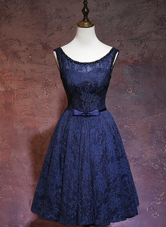 Navy Blue Lace Knee Length Bridesmaid Dress, Blue Formal Dresses 2019